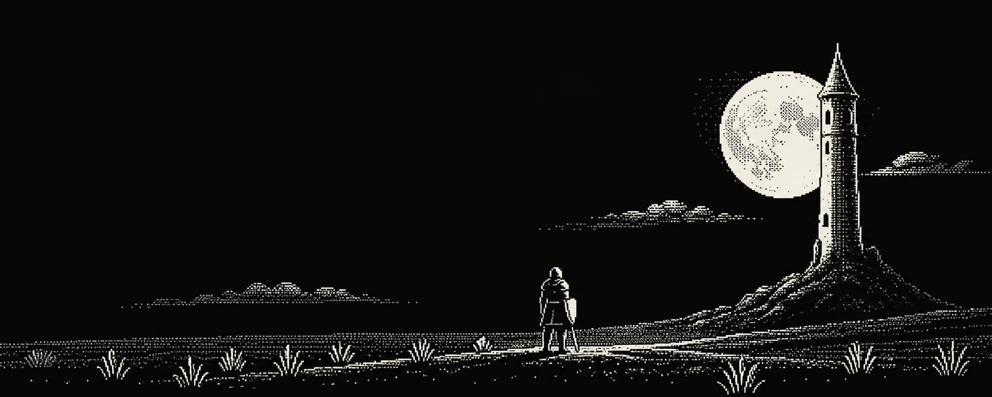 A knight facing a moonlit tower